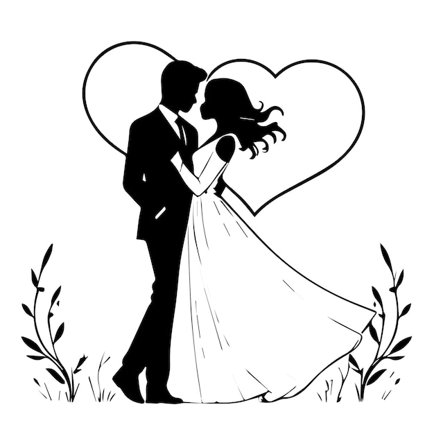 Vector a black and white drawing of a couple in a field of grass and hearts