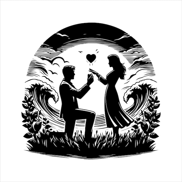 Vector a black and white drawing of a couple in a field with a heart in the middle