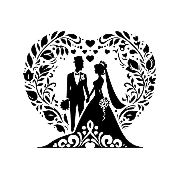 a black and white drawing of a couple and a heart with the words bride and groom