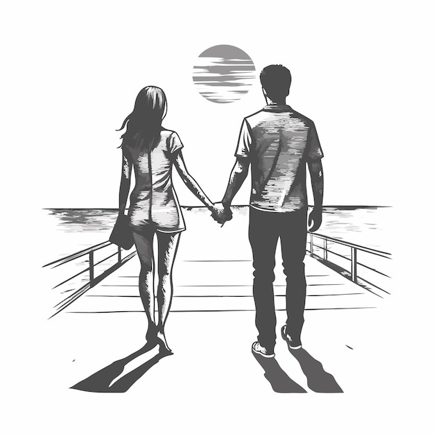 Vector a black and white drawing of a couple holding hands