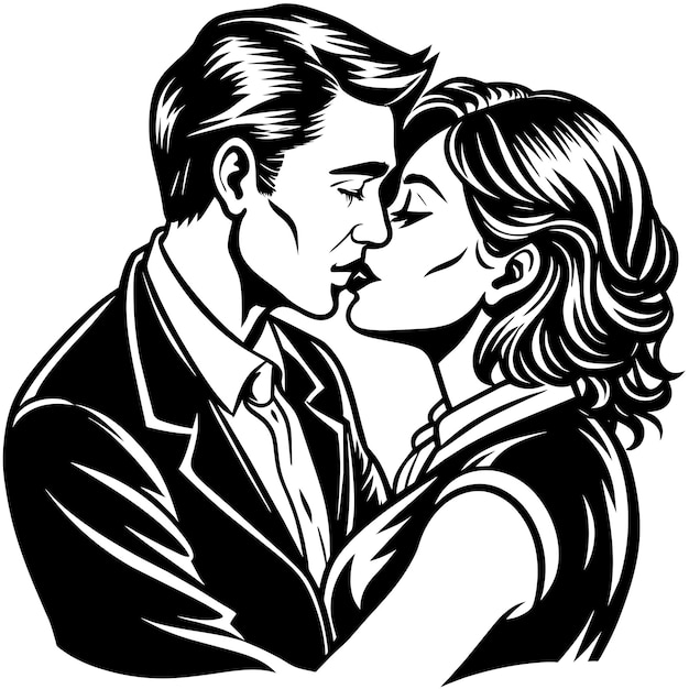 a black and white drawing of a couple kissing in a black and white photo