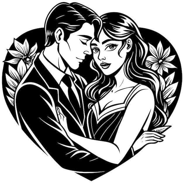 a black and white drawing of a couple in love