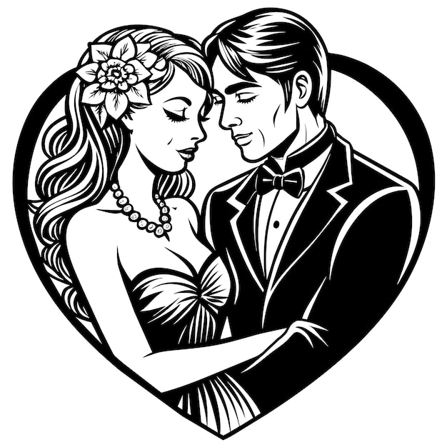 a black and white drawing of a couple in love