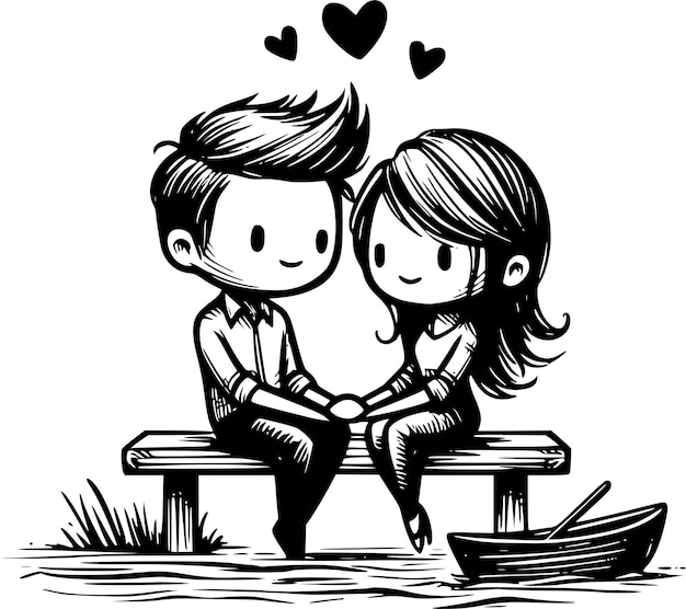 Vector a black and white drawing of a couple sitting on a bench