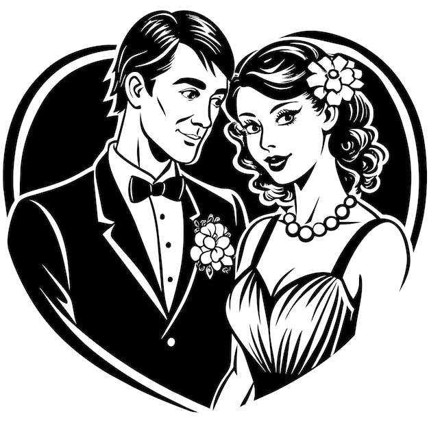 a black and white drawing of a couple with a flower in the middle