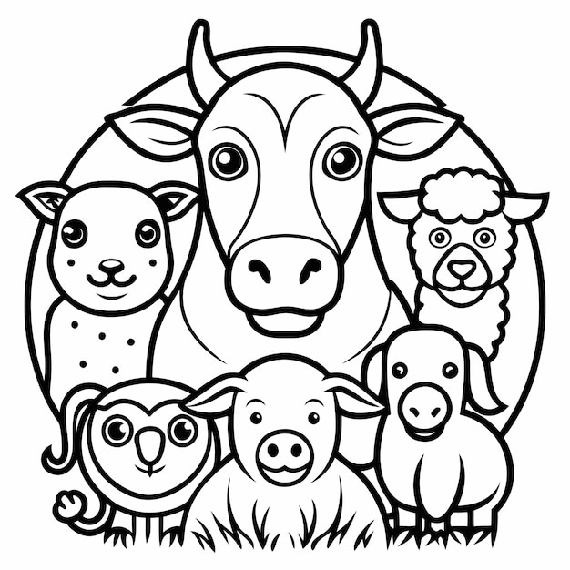 Vector a black and white drawing of a cow and three baby animals