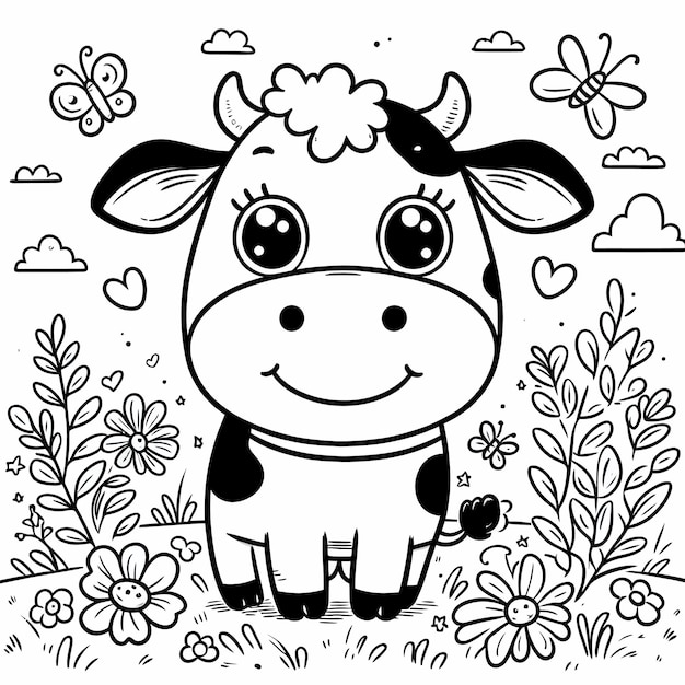 Vector a black and white drawing of a cow with hearts and flowers