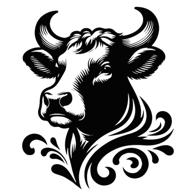 a black and white drawing of a cow with horns