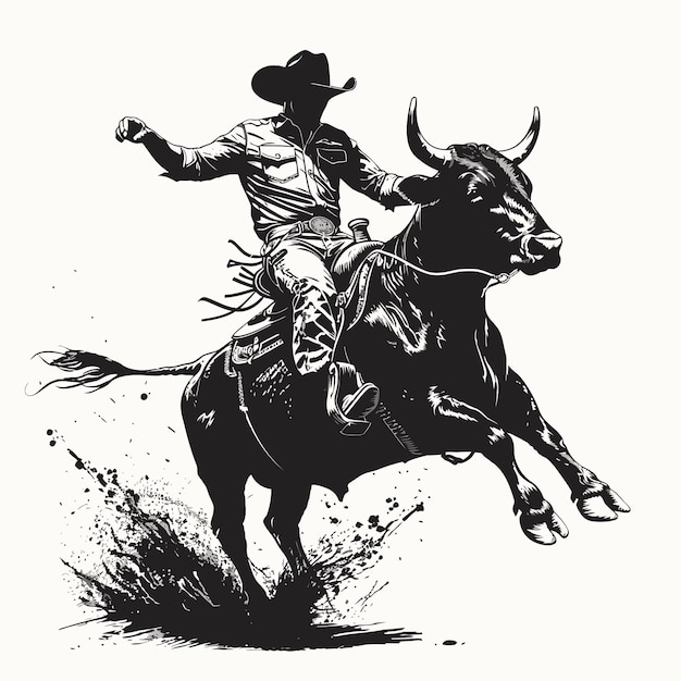 a black and white drawing of a cowboy on a bull