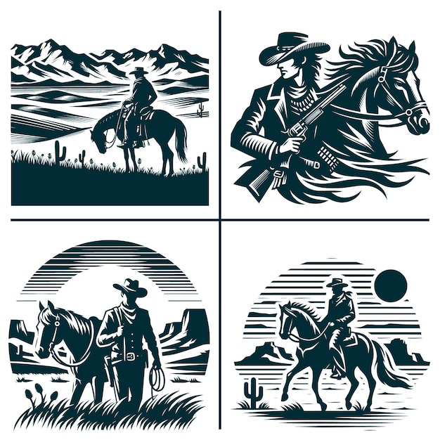 Vector a black and white drawing of a cowboy and a horse with a mountain in the background