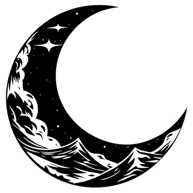 a black and white drawing of a crescent moon and the ocean