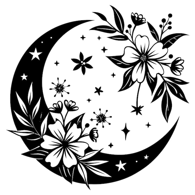 Vector a black and white drawing of a crescent moon with flowers and butterflies