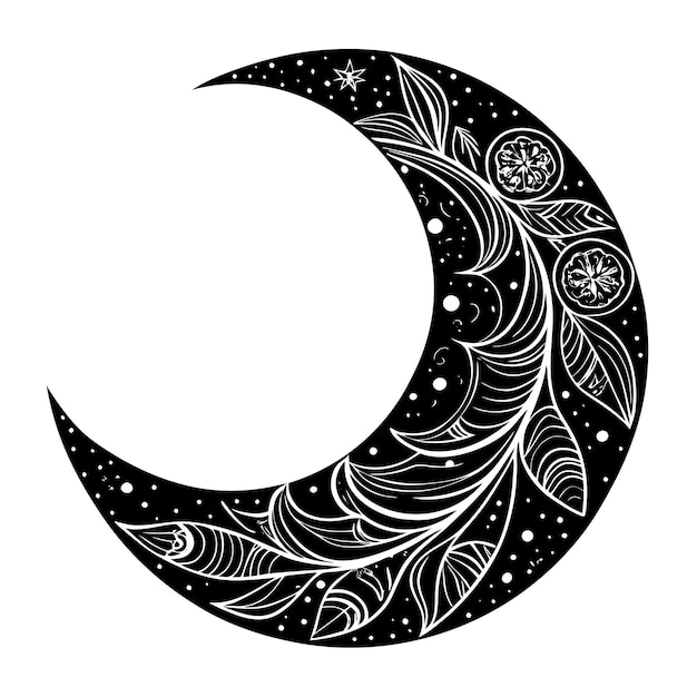 a black and white drawing of a crescent moon with a pattern of stars and the moon