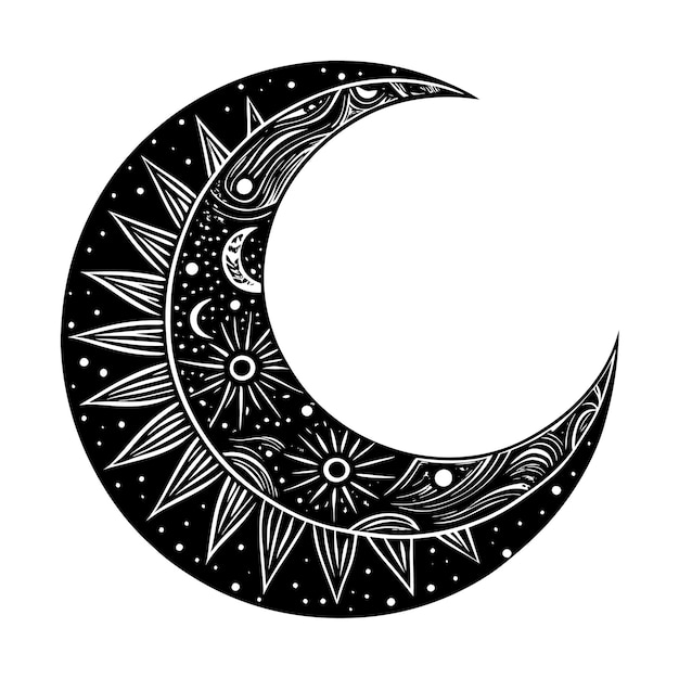 a black and white drawing of a crescent and the moon