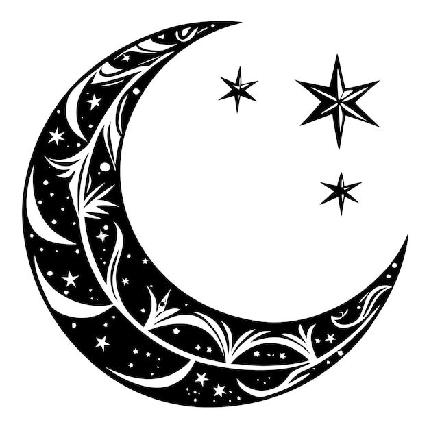 a black and white drawing of a crescent and star with the stars on it