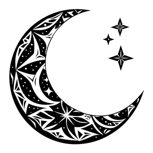 Vector a black and white drawing of a crescent and star with stars