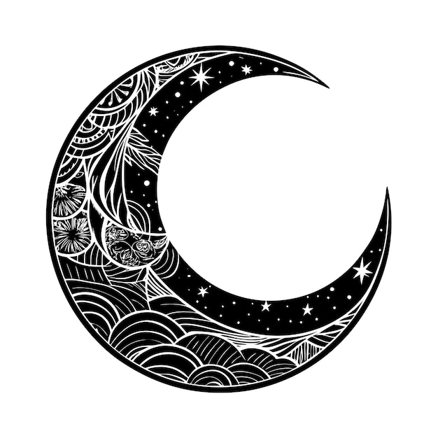 Vector a black and white drawing of a crescent and star with a white background