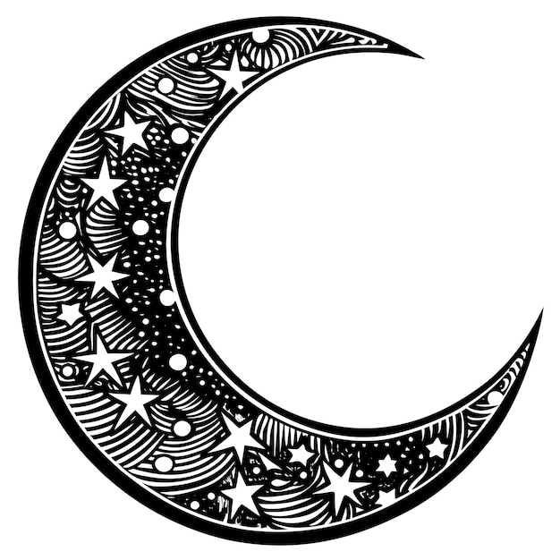 a black and white drawing of a crescent and star with the words  crescent  on it