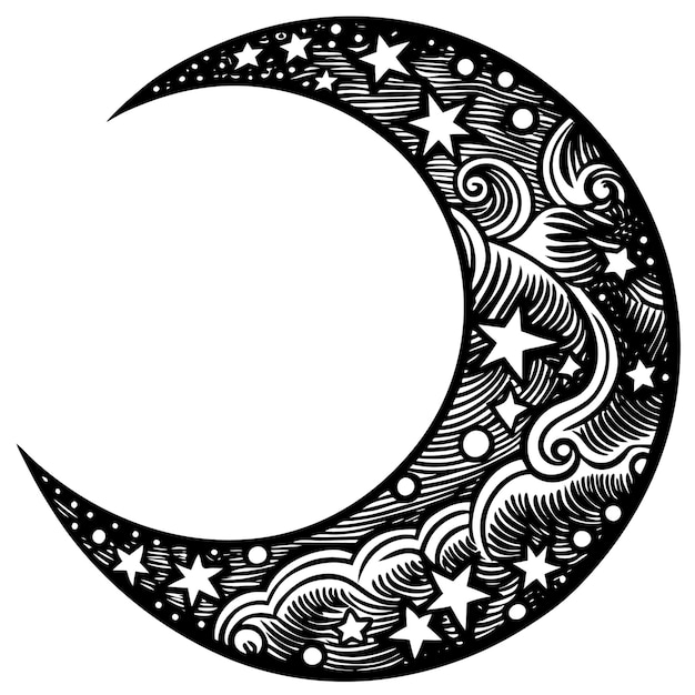 a black and white drawing of a crescent with stars and a white background