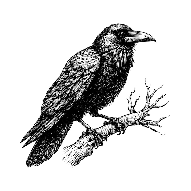 Vector a black and white drawing of a crow on a branch