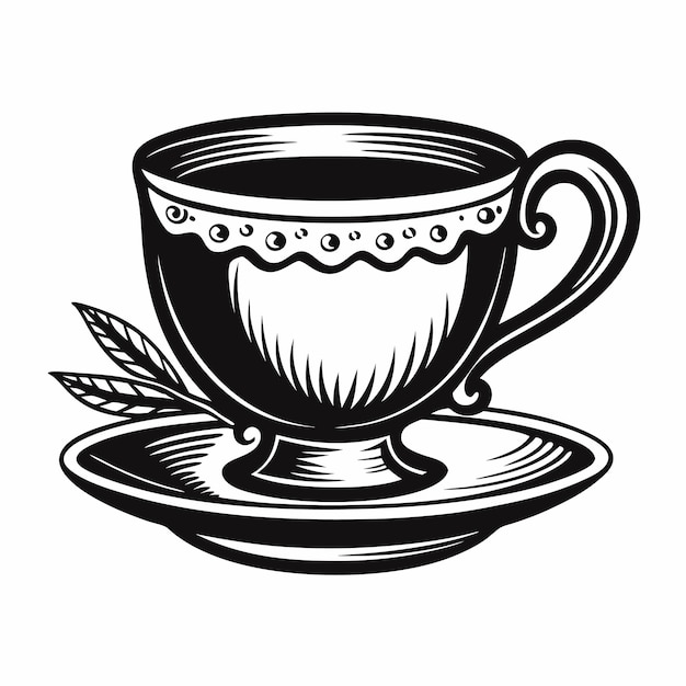 A black and white drawing of a cup with a saucer