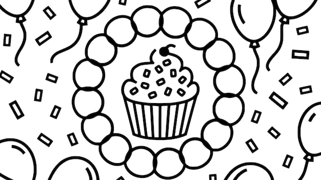 Vector a black and white drawing of a cupcake with a bunch of cherries