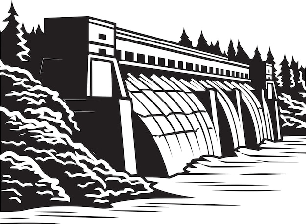 a black and white drawing of a dam with a bridge in the background