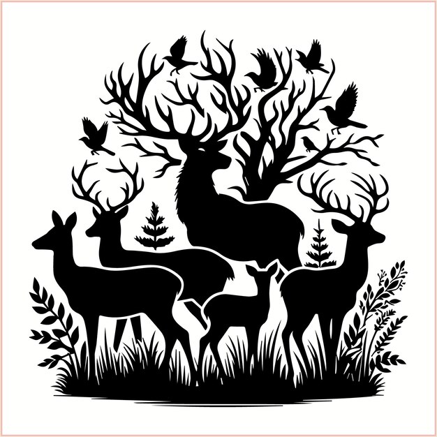 Vector a black and white drawing of a deer and a deer