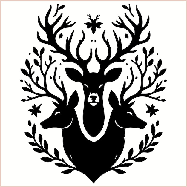 a black and white drawing of a deer head with antlers