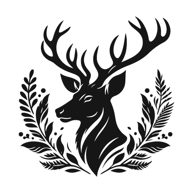 a black and white drawing of a deer with a wreath on it