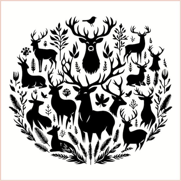 a black and white drawing of deers in a circle with a black and white background