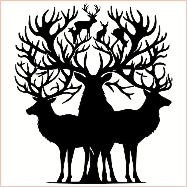 a black and white drawing of deers and deers