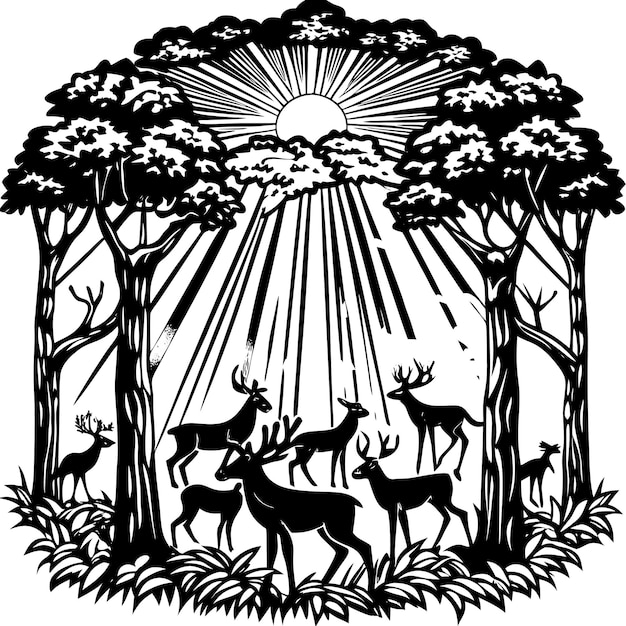 a black and white drawing of deers and trees with the sun shining through them