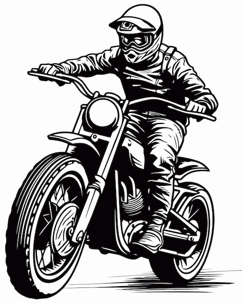 A black and white drawing of a dirt bike rider