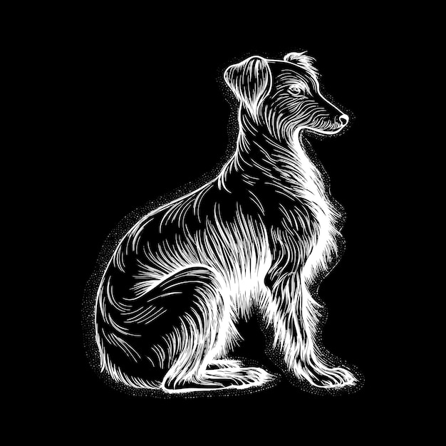 a black and white drawing of a dog with a black background