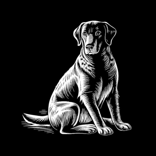 a black and white drawing of a dog with a black background