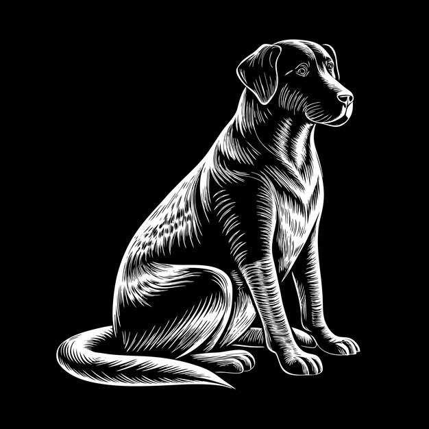 a black and white drawing of a dog with a black background