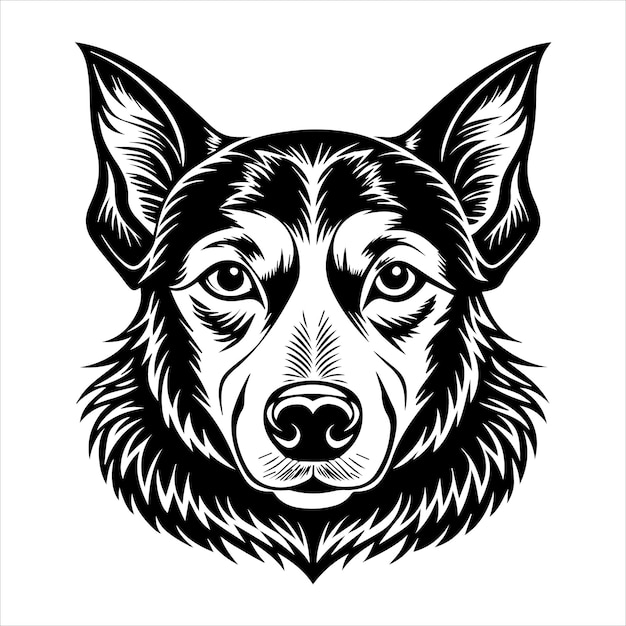 Vector a black and white drawing of a dog with a black face and a black and white outline