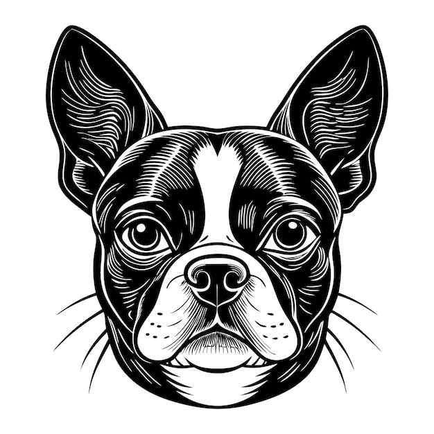 Vector a black and white drawing of a dog with a black nose and white ears