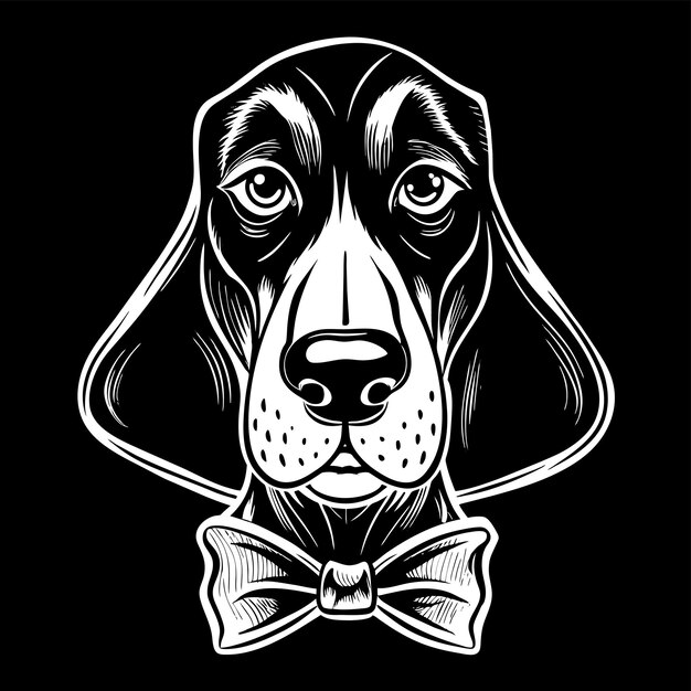 a black and white drawing of a dog with a bow tie