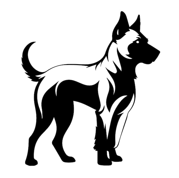 a black and white drawing of a dog with a tail