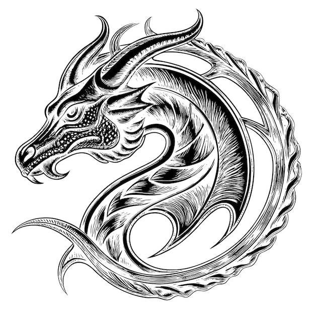 a black and white drawing of a dragon with a dragon on it