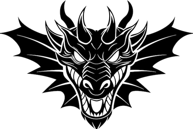 a black and white drawing of a dragon with the mouth open