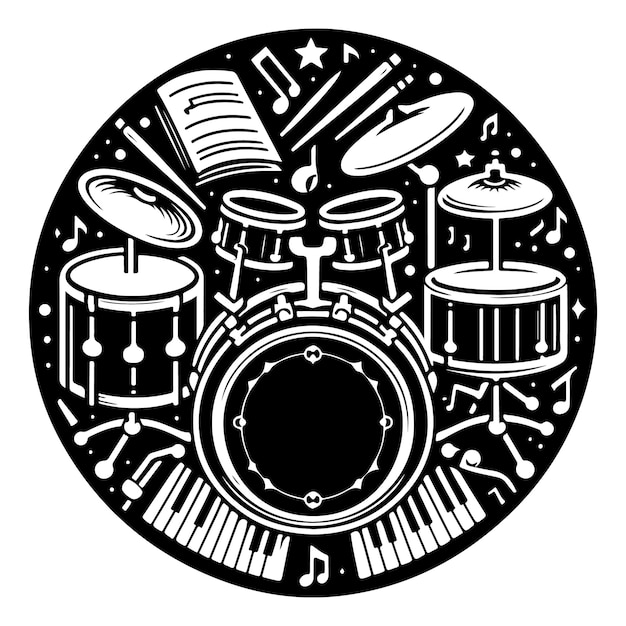 a black and white drawing of a drum set with the word f on it