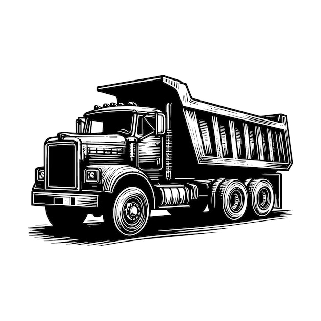 a black and white drawing of a dump truck with a black and white image