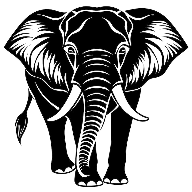 a black and white drawing of an elephant with tusks on it