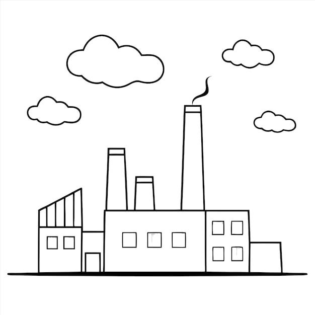 Vector a black and white drawing of a factory with a cloud in the sky