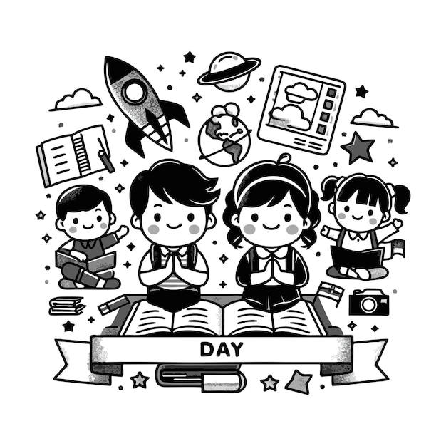 Vector a black and white drawing of a family reading a book