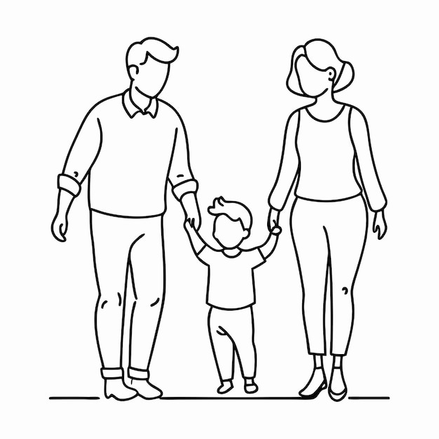 Vector a black and white drawing of a family with a child holding hands