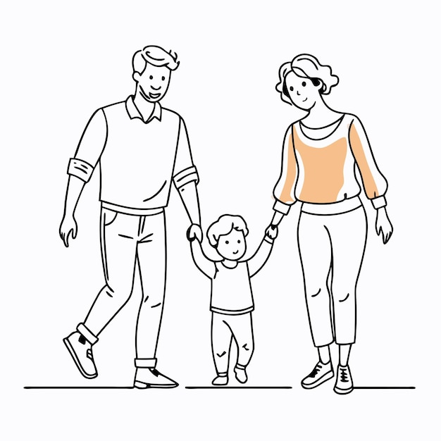 Vector a black and white drawing of a family with a child holding hands